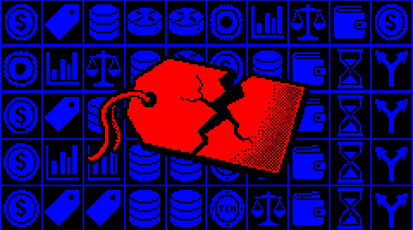 A large cracked red price tag over a blue grid of pricing and routing icons on black.