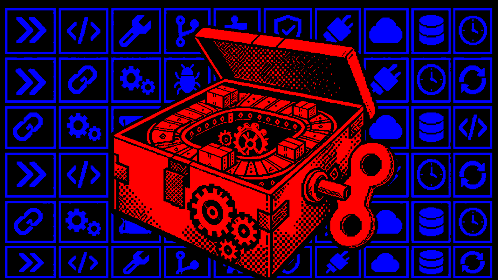 A red wind-up parcel box with an open lid, clockwork conveyor, gears, and oversized winding key against a blue icon grid on black.