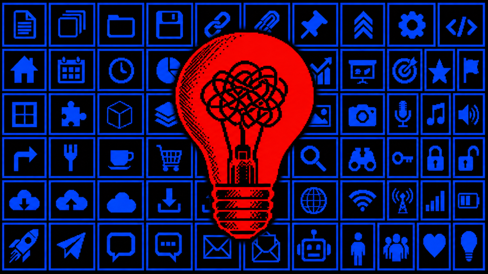 A red lightbulb with a tangled black filament over a blue grid of simple icons on black.
