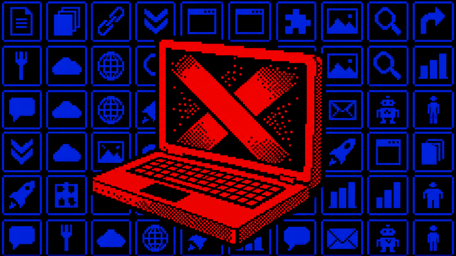 A red pixel-art laptop with a crossed-cable mark on its screen sits in front of a blue grid of framed pictograms on black.