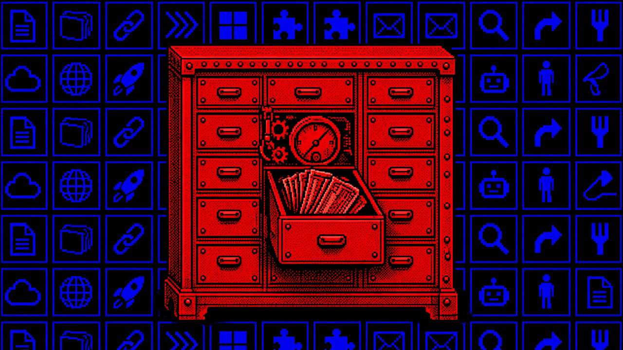 A red cabinet of option drawers, one pulled open with a gauge and a fan of tickets, over a blue grid of icons on black.