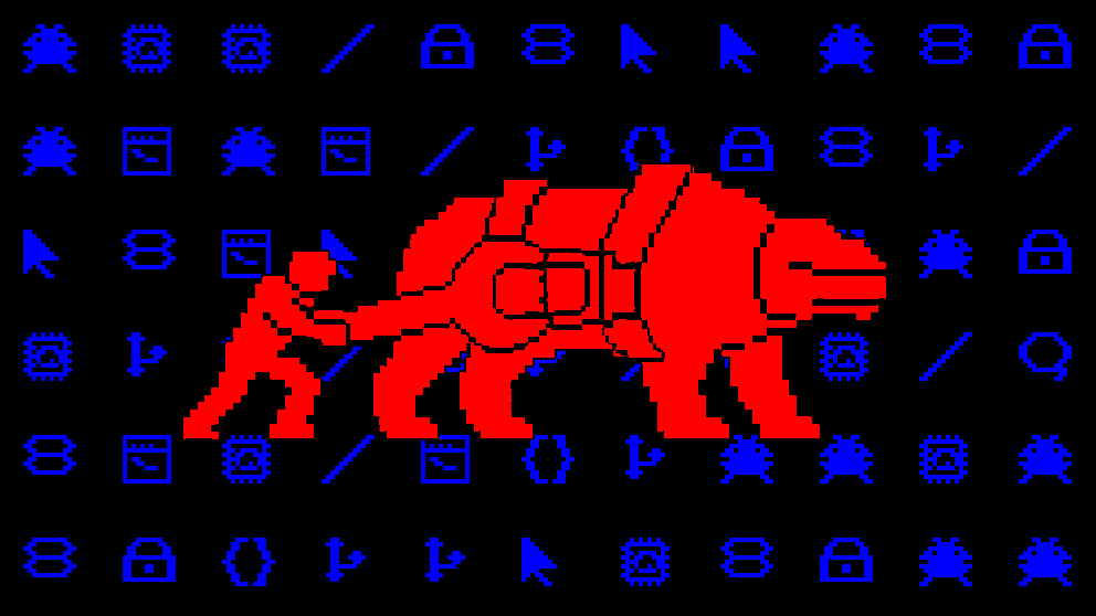 Dithered plate: a harness of red and blue signal lines on a black field