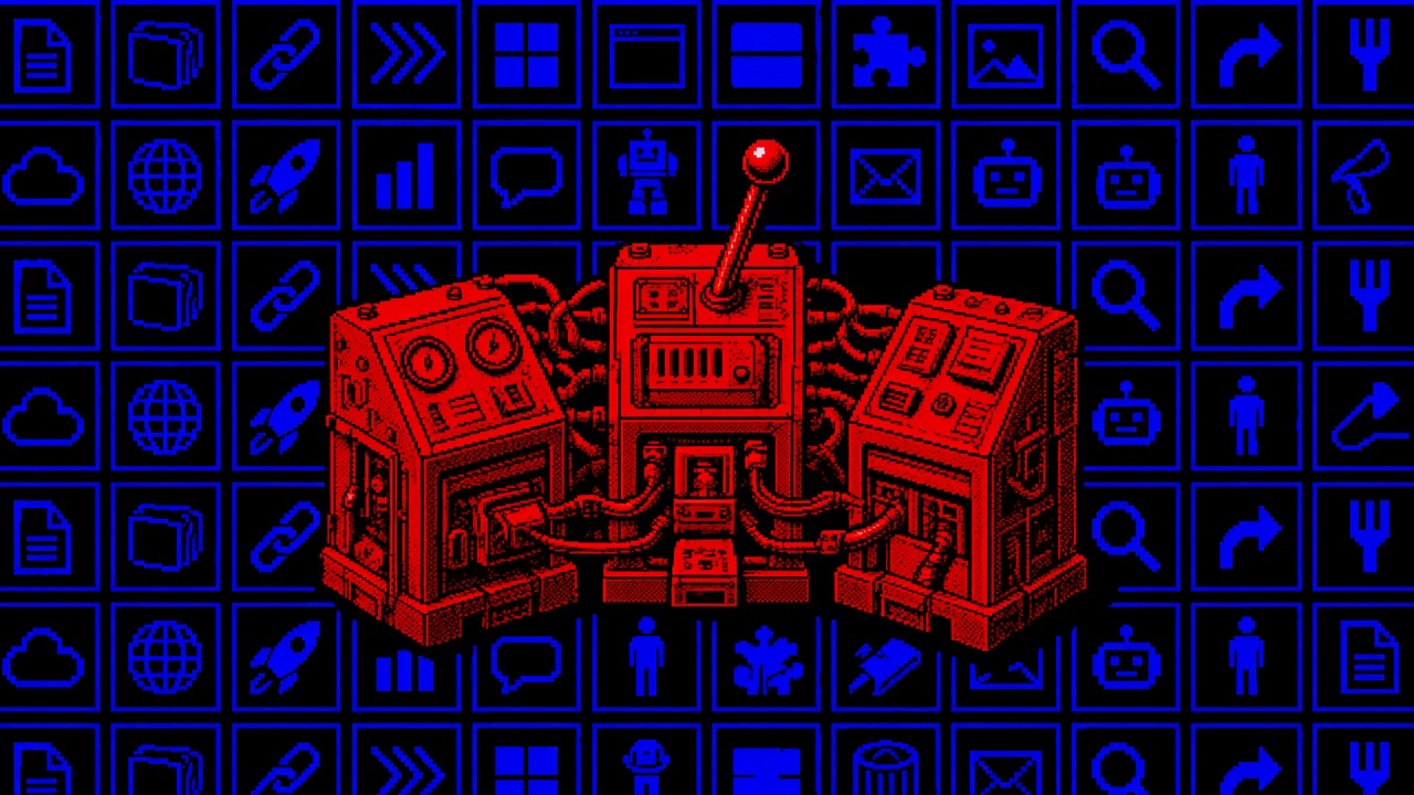 A red control machine of three piped modules with gauges and a tall lever, over a blue grid of icons on black.