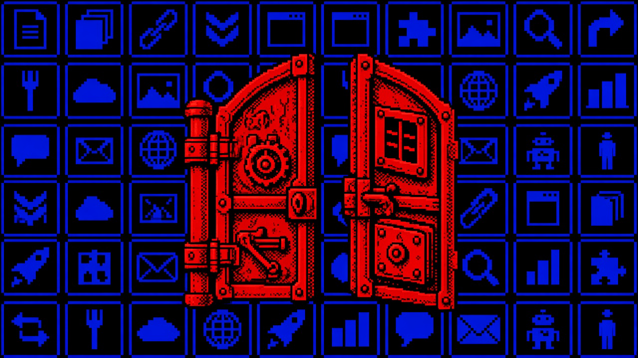 A red gate of mechanical panels swung open, with gears, a window, and a lever, over a blue grid of icons on black.