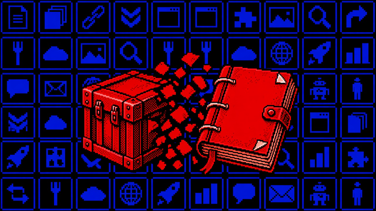 A red riveted crate breaking into blocks that become a bound manual, over a blue grid of icons on black.