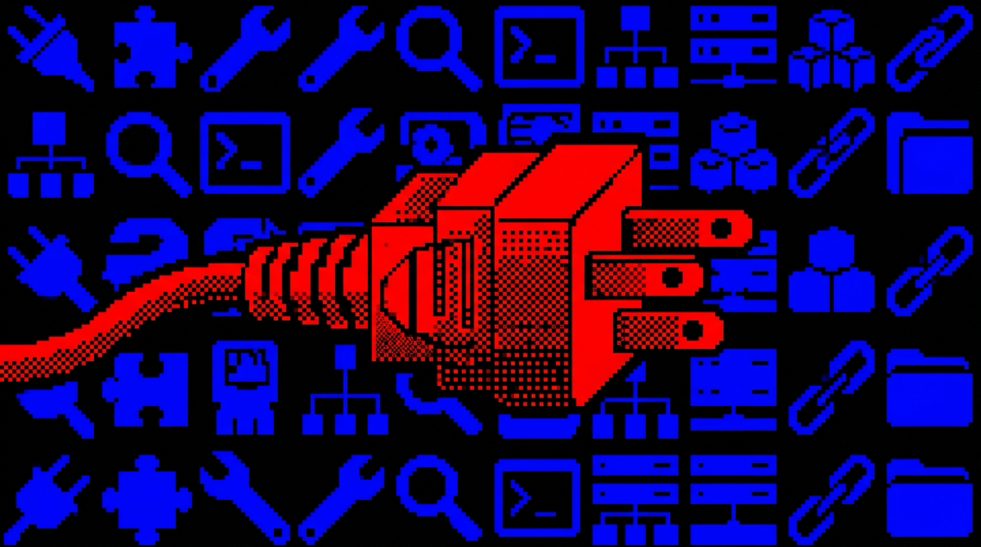 A red three-prong plug over a blue grid of connector icons on black.