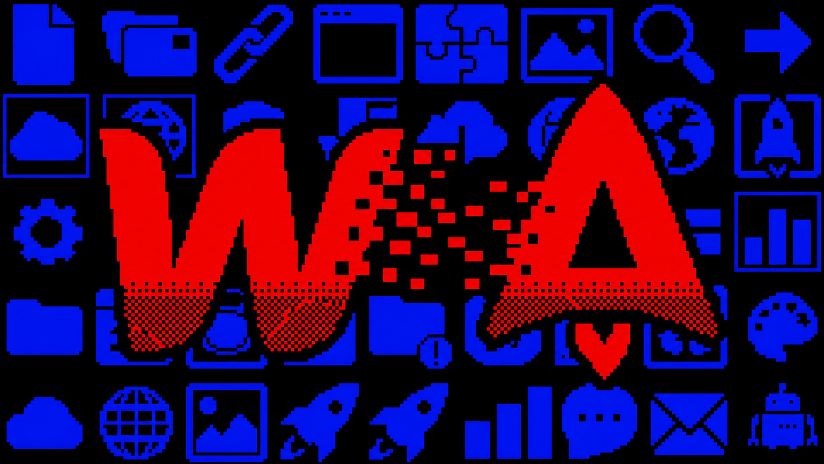 The Webflow W dissolving pixel by pixel into the Astro A, over a grid of blue web-tooling icons on black