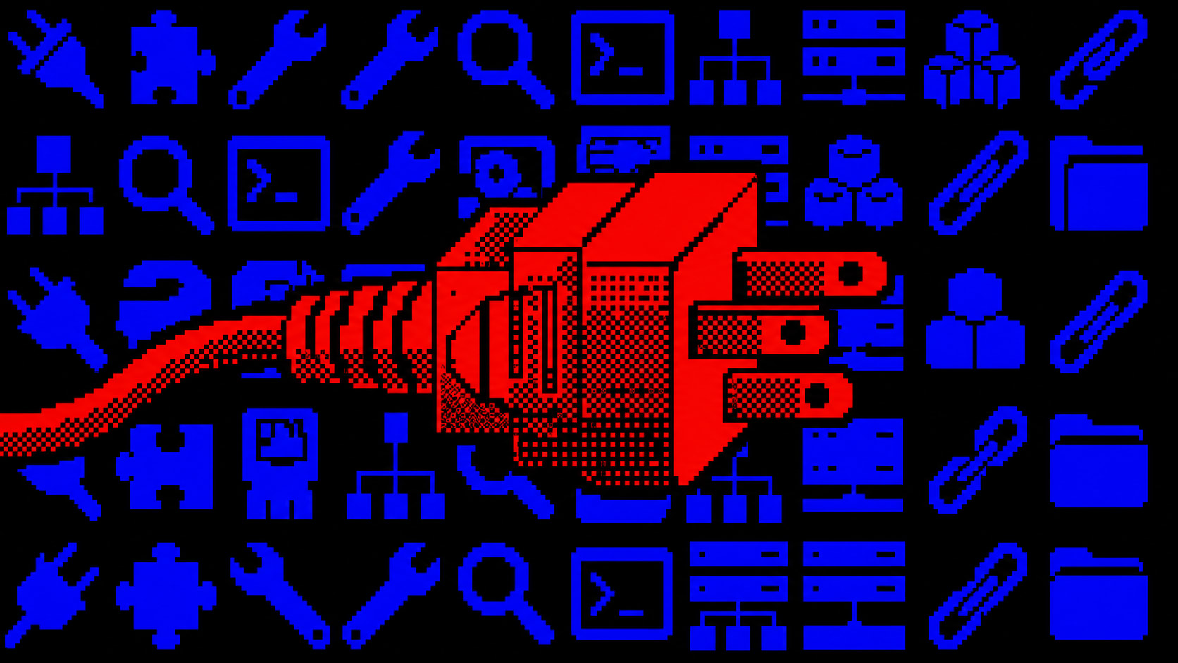A red three-prong plug over a blue grid of connector icons on black.