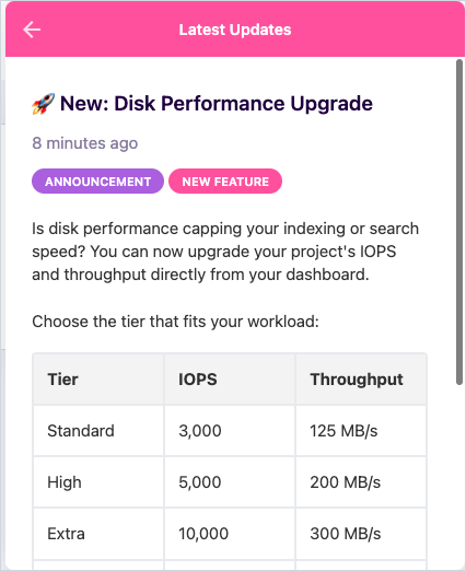 In-app Latest Updates announcement titled New: Disk Performance Upgrade