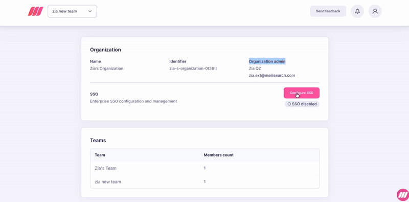 SSO/SAML configuration screen in the Meilisearch Cloud