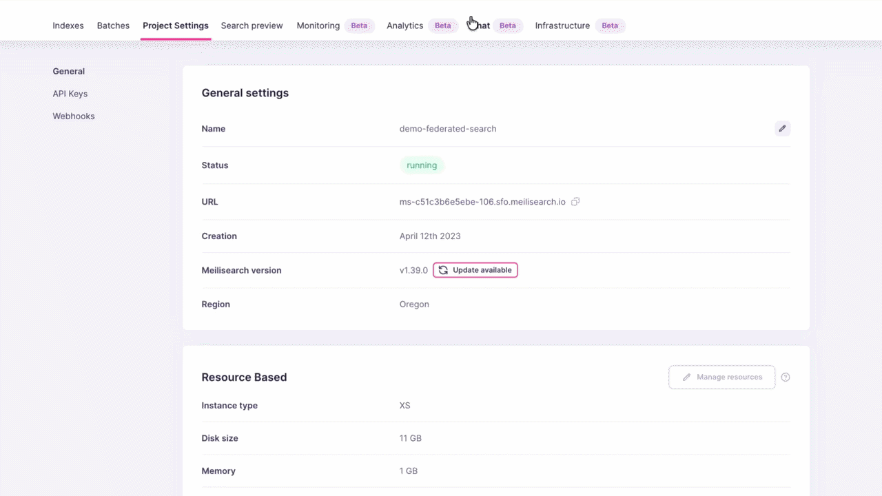 Chat UI in Meilisearch Cloud