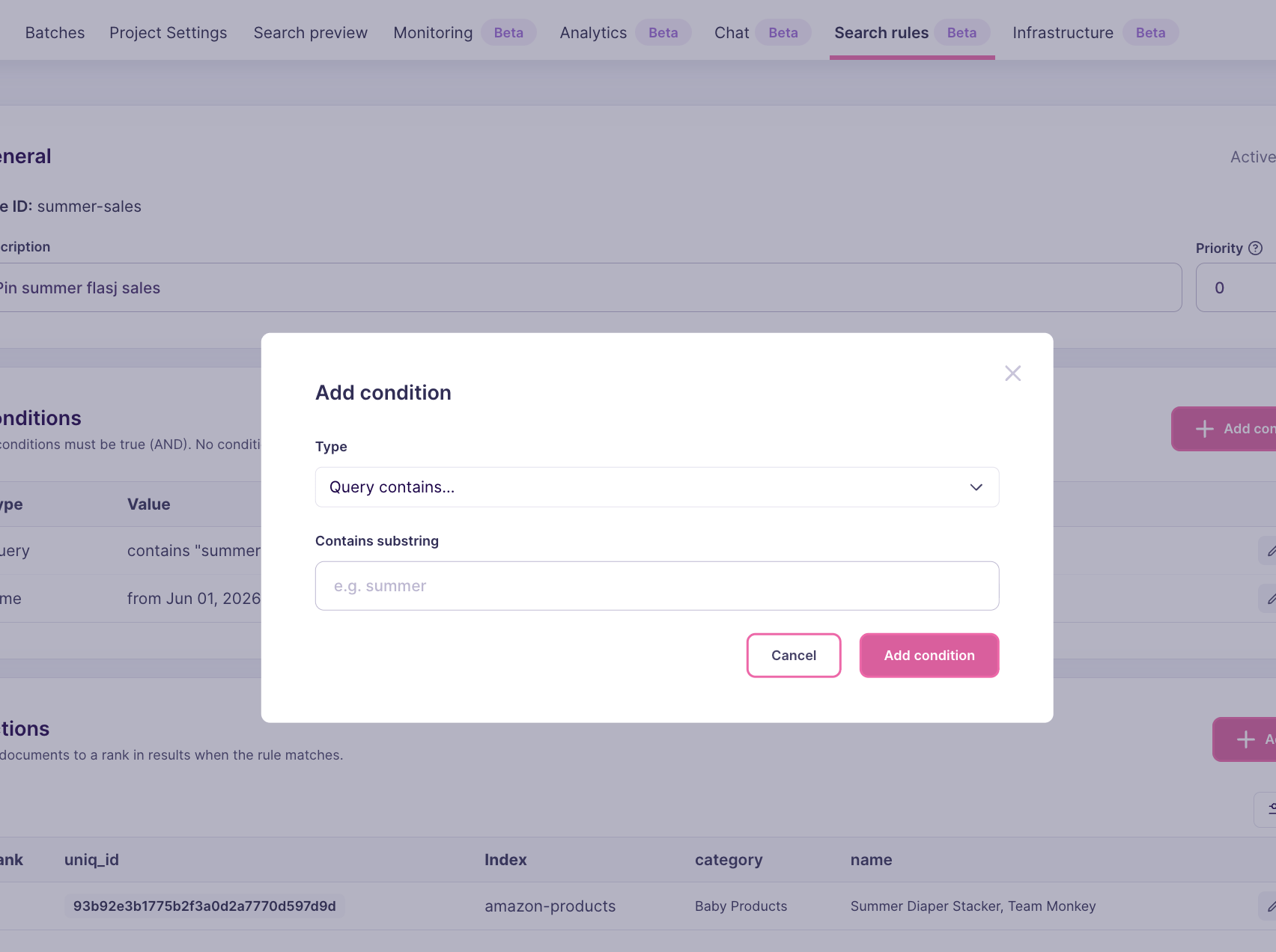 Dynamic search rules pinning results