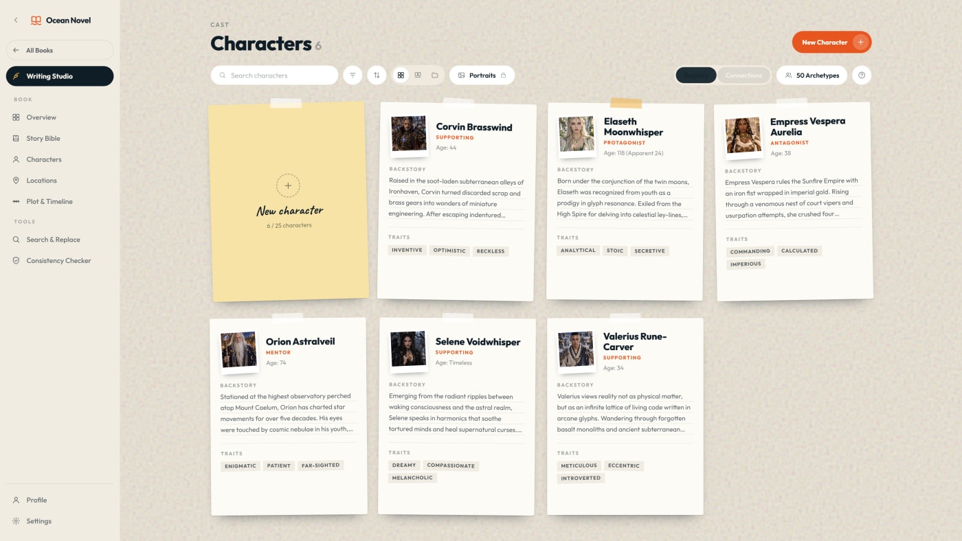 Ocean Novel character board with portrait cards, roles and traits