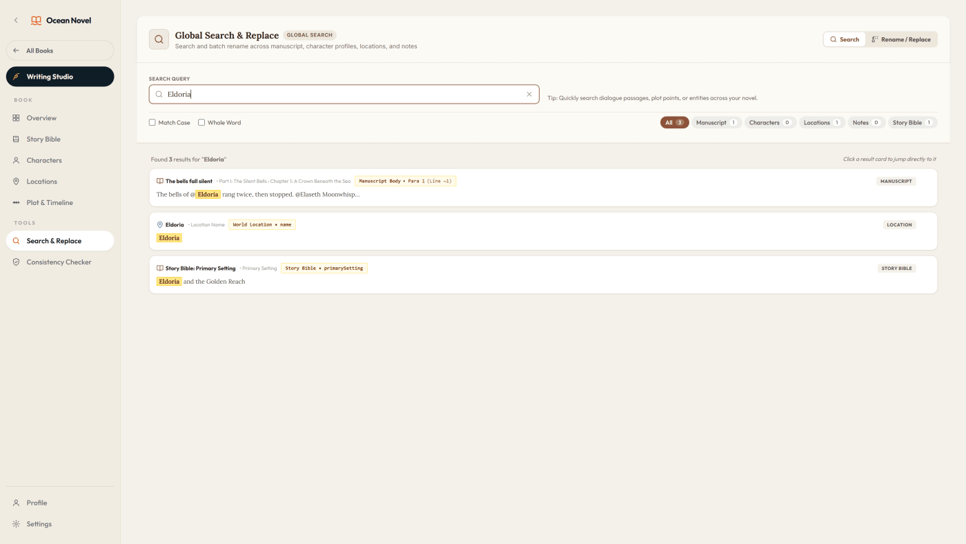 Ocean Novel Global Search and Replace showing results across the book
