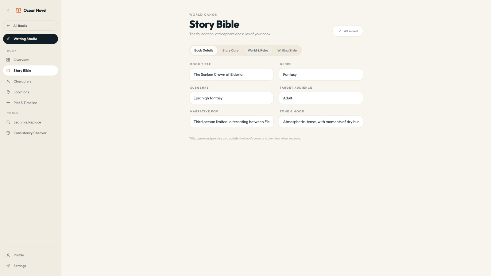 Ocean Novel Story Bible with book details, genre, audience, POV and tone