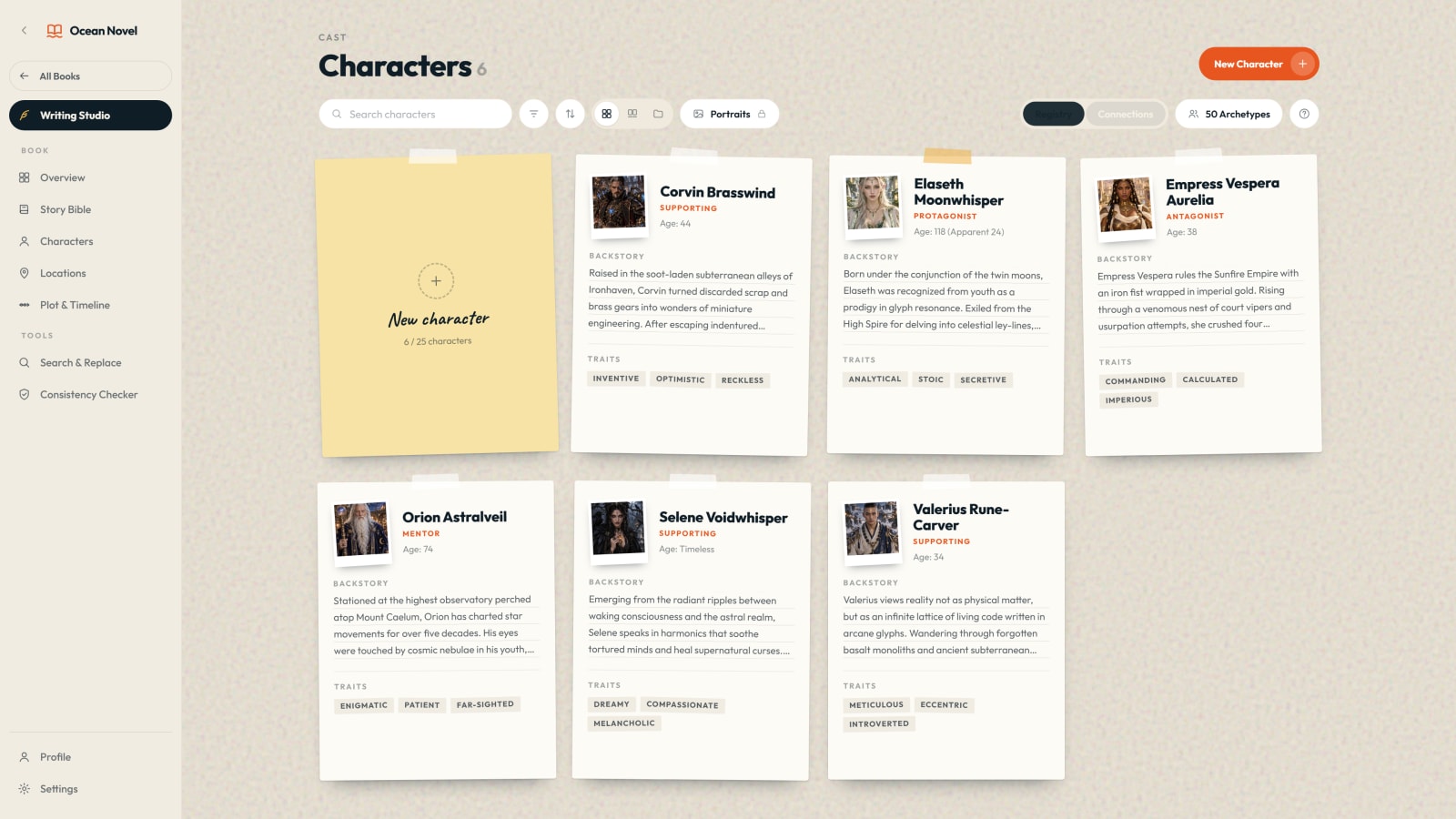 Ocean Novel character board with portrait cards, roles and traits
