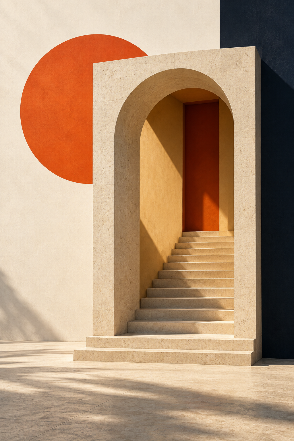 Minimal limestone architecture in warm light