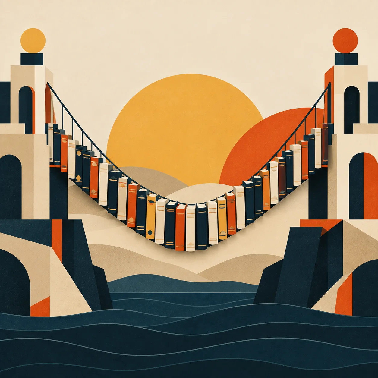 The Saggy Middle: a bridge of book spines sagging in the middle