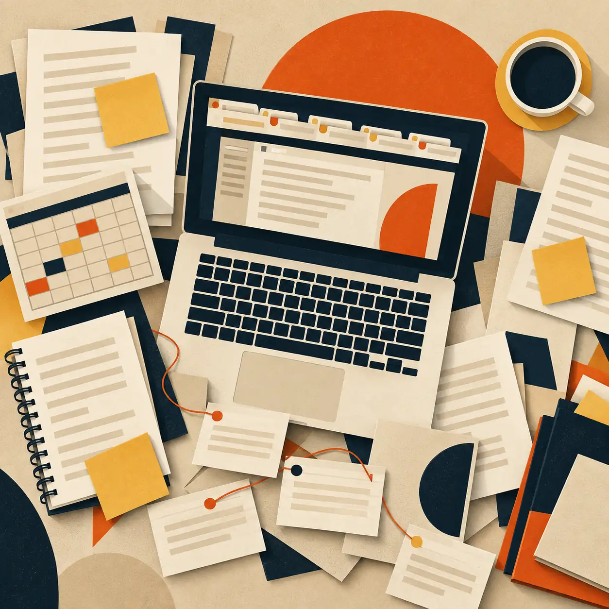 The Tab Juggle: a writer's desk buried in scattered notes, tabs and documents