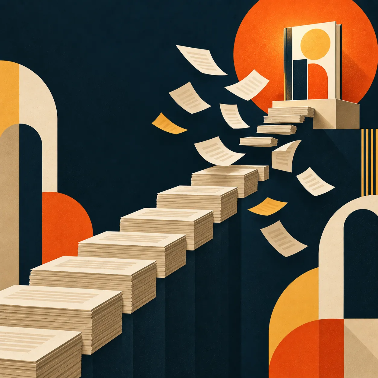 The Last-Mile Mess: a staircase of manuscript pages with loose pages near the finished book