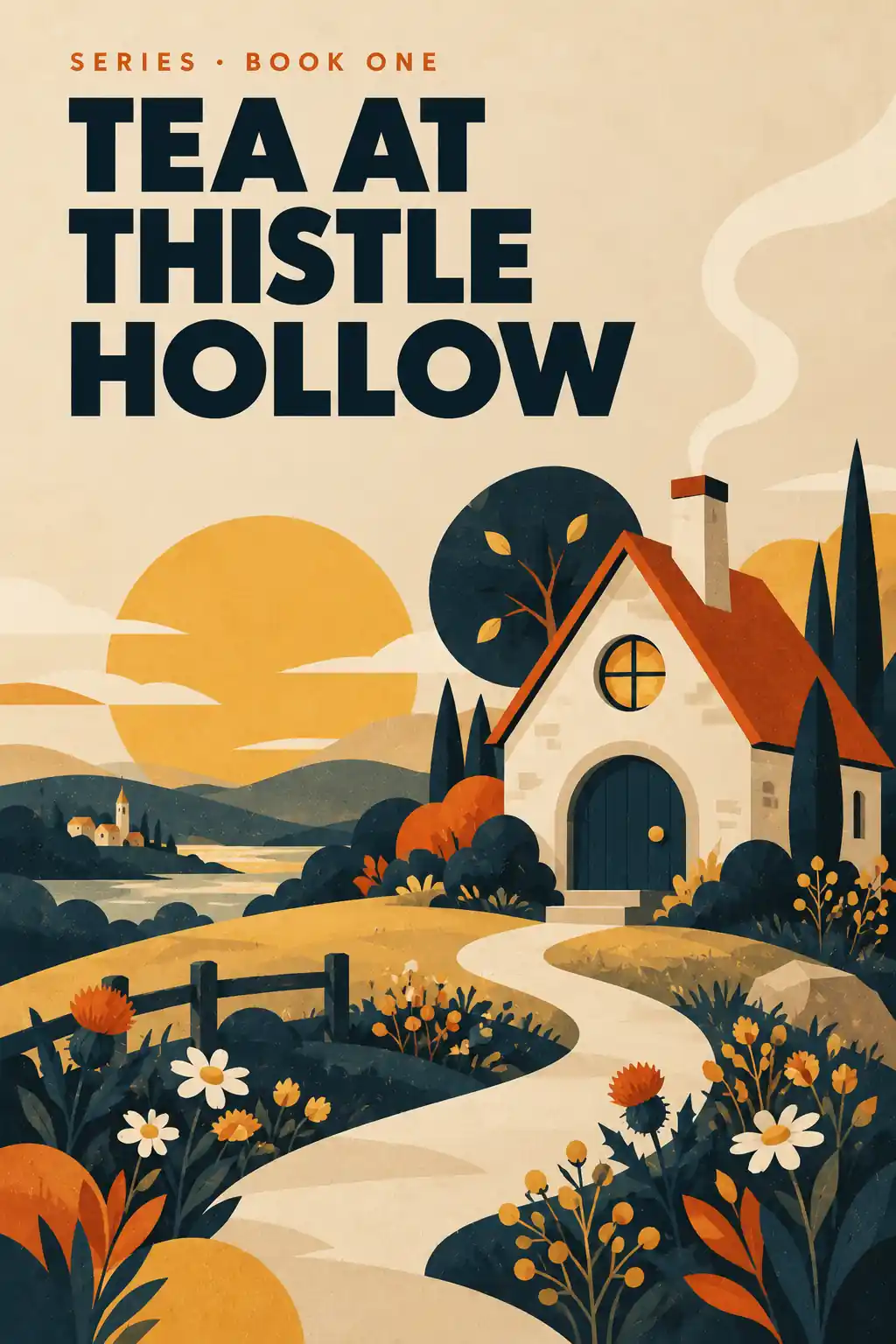 Tea at Thistle Hollow, an illustrative cozy fantasy cover