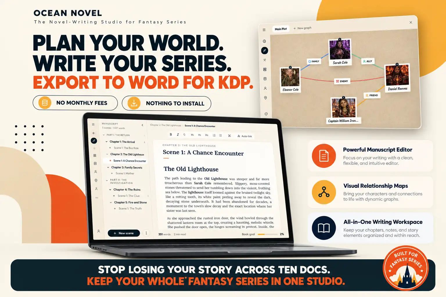 Ocean Novel overview: plan your world, write your series, export to Word for KDP. Writing studio, relationship map and feature highlights.