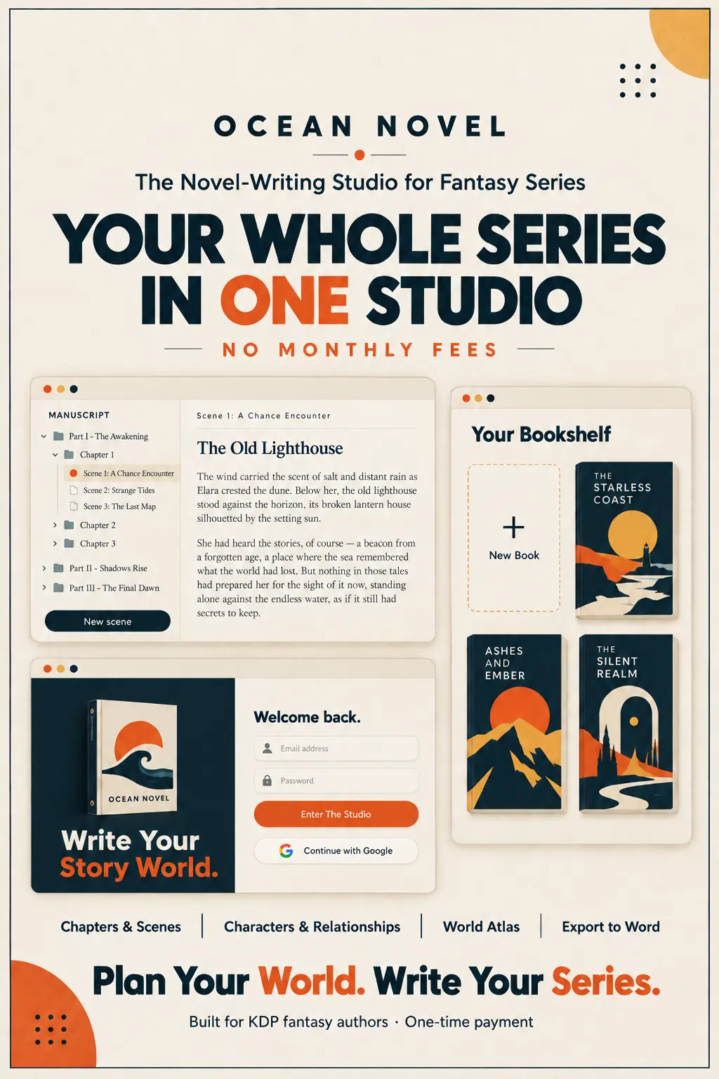 Ocean Novel poster: your whole series in one studio, with the manuscript editor, bookshelf and sign-in screen.