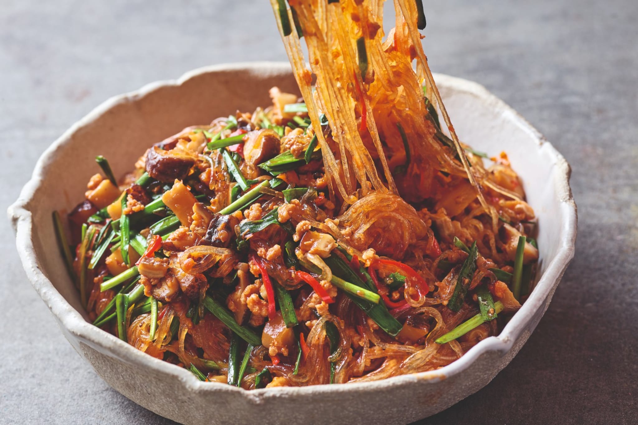 Tony Tan's glass noodles with minced pork and garlic chives.
