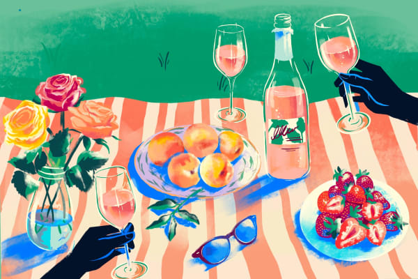 A colourful illustration of some glasses of rose wine being raised in front of a summer picnic