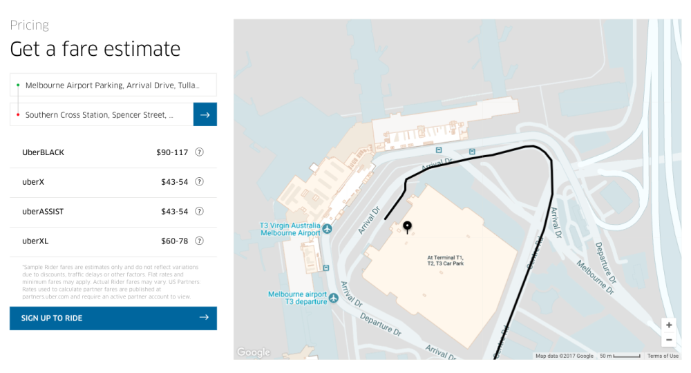 Uber fare estimate Tullamarine Airport to Southern Cross Station (09/2017)