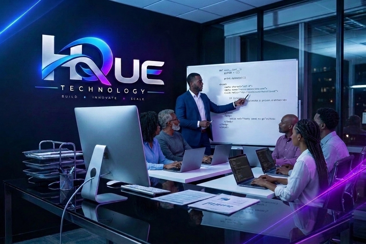 Hyque Technology team reviewing code together in the studio