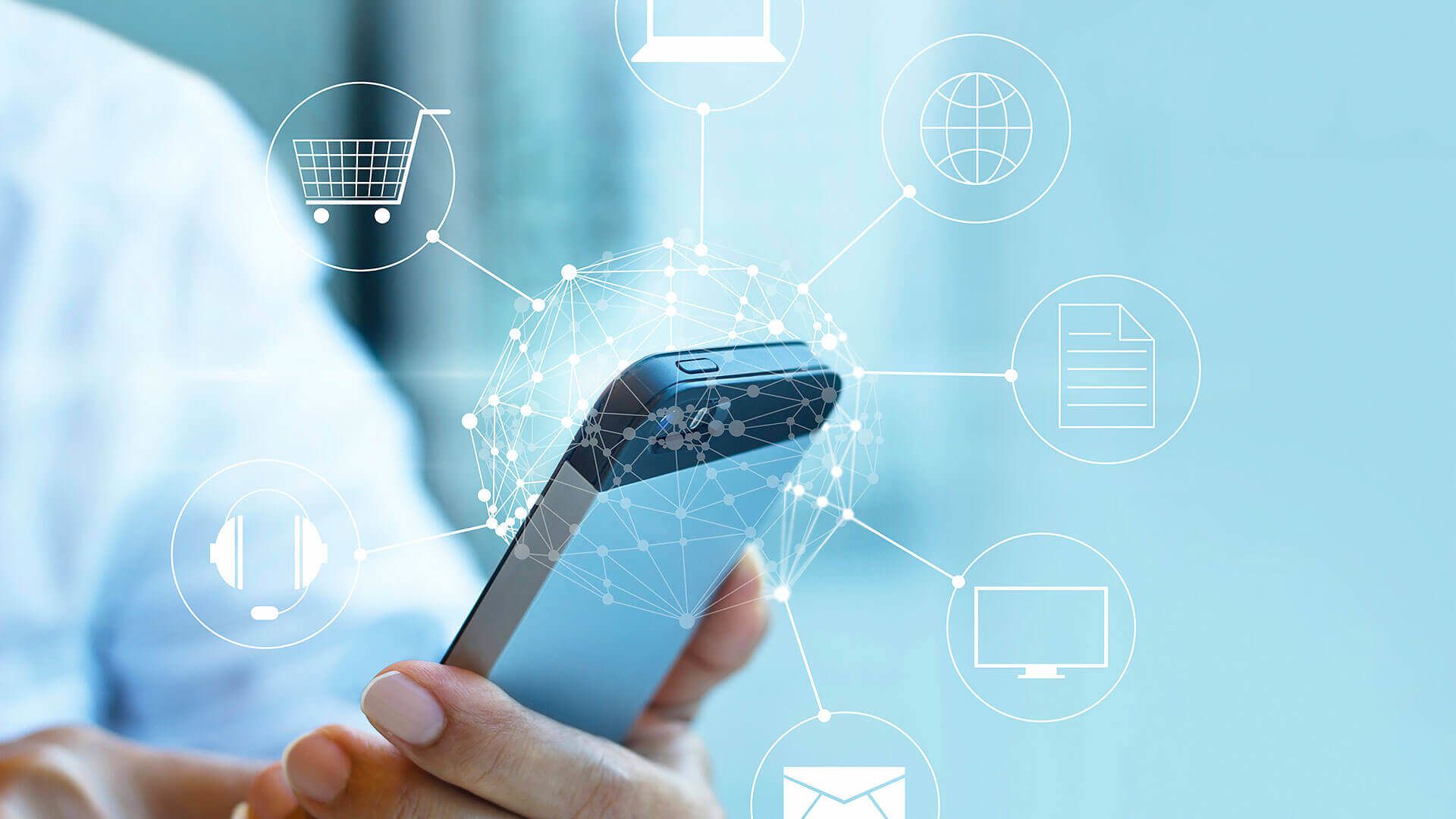 Man Holding Smartphone with Icons