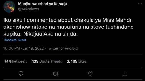 Munjiru wa mbari ya Karanja wakariowa Iko siku commented about chakula ya Miss M