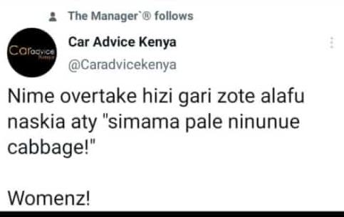 The Manager follows Car Advice Kenya Cafoznce Caradvicekenya Nime overtake hizi