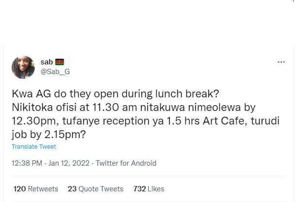 sab Sab Kwa AG do they open during Iunch break? Nikitoka ofisi at 11.30 am nitak
