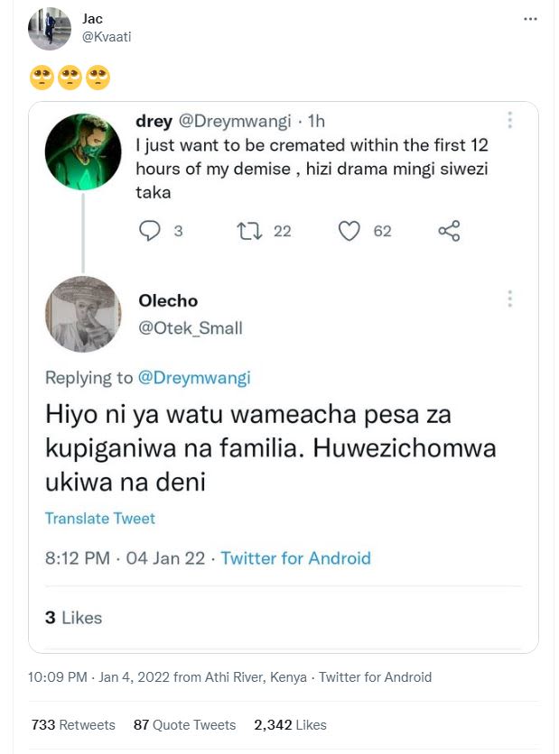 Jac Kvaati drey Dreymwangi Ih just want to be cremated within the first 12 hours