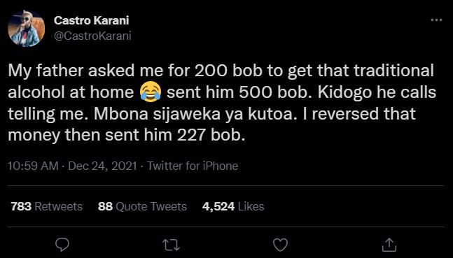 Castro Karani CastroKarani My father asked me for 200 bob to get that traditiona