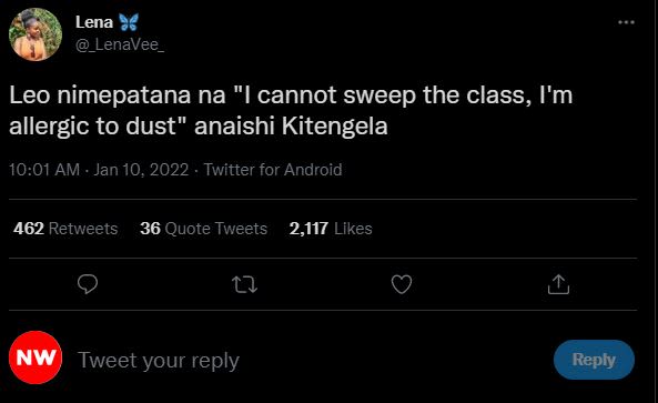 Lena , _LenaVee_ Leo nimepatana na cannot sweep the class, I'm allergic to dust