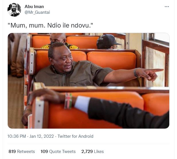 Abu Iman Mr_Guantai 'Mum, mum. Ndio ile ndovu.' 10.36 PM Jan 12. Twitter for And