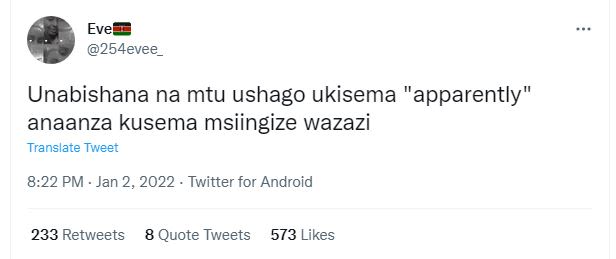Eve 254evee Unabishana na mtu ushago ukisema apparently anaanza kusema msiingize
