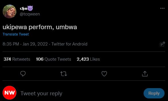 chu tcqween ukipewa perform, umbwa Translate Tweet 8.35 PM Jan 29, Twitter for A