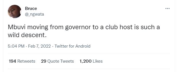 Bruce ngwata Mbuvi moving from governor to a club host is such a wild descent 5.