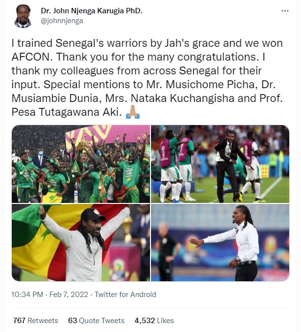 Dr. John Njenga Karugia PhD. johnnjenga trained Senegal's warriors by Jah's grac