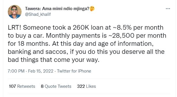 Tawera Ama mimi ndio mjinga? Shad_khalif LRT! Someone took a 26OK loan at 8.5 pe