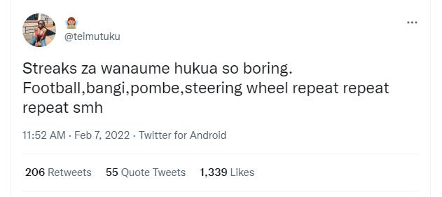 teimutuku Streaks za wanaume hukua so boring. Football,bangi, pombe,steering whe