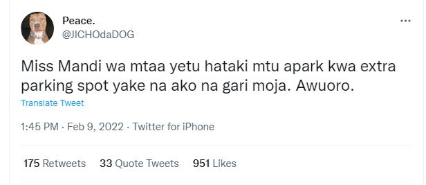 Peace JICHOdaDOG Miss Mandi wa mtaa yetu hataki mtu apark kwa extra parking spot