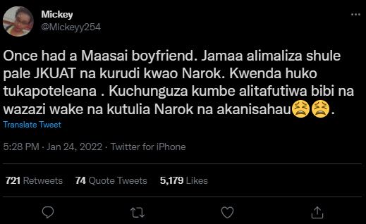 Mickey Mickeyy254 Once had a Maasai boyfriend. Jamaa alimaliza shule pale JKUAT