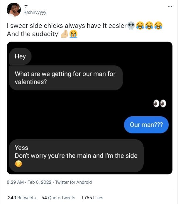 shirvyyyy swear side chicks always have it easier And the audacity Hey What are