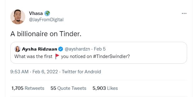Vhasa JayFromDigital billionaire on Tinder. Aysha Ridzuan ayshardzn Feb 6 What w