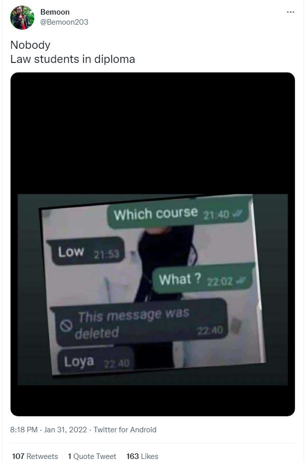 Bemoon Bemoon203 Nobody Law students in diploma Which course 21 40 Low 21 51 Wha